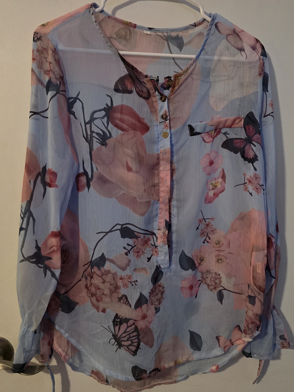 Light Blue Floral Sheer Women's Blouse - Pink Floral Print